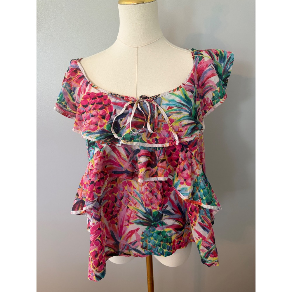 J. Crew Ruffle Tank Top Size 12 Pink Blue Pineapple Print Tropical Resort